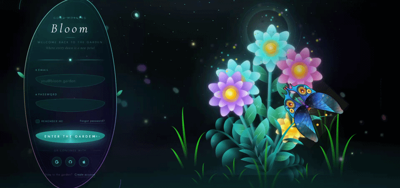 Animated Blooming Flower Login Page showing butterfly flying across aurora background with 5 blooming flowers, falling petals, and fireflies