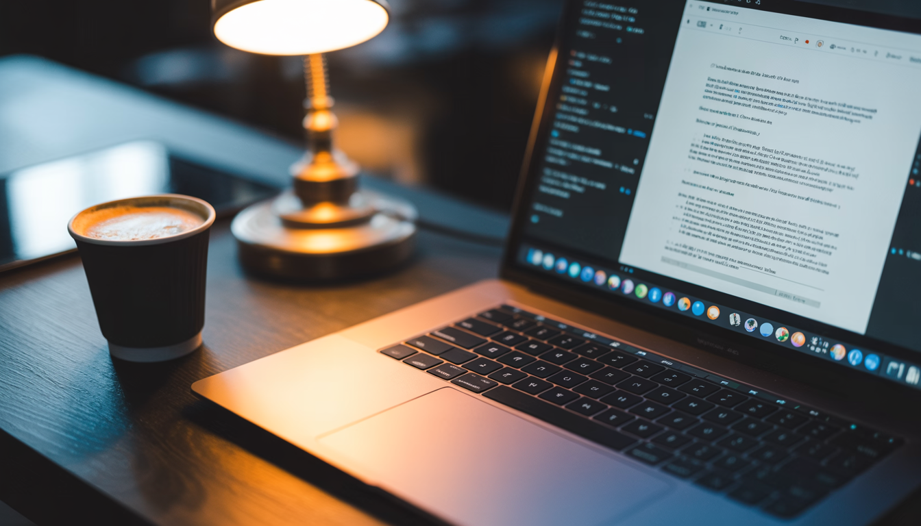 Freelance writer working on a laptop with coffee