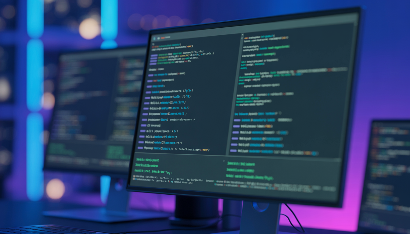 Developer working with code on multiple monitors in a dark setup