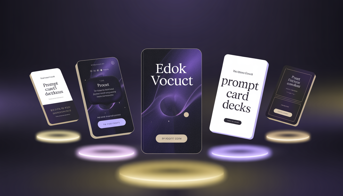 Digital products displayed as floating cards on screens