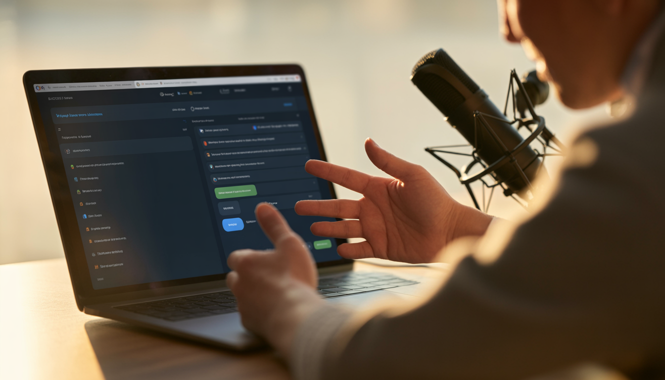 Online course creator recording with a microphone and laptop